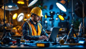 A photograph of a lighting contractor actively engaging with modern lighting technology