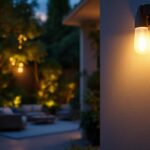 A photograph of a beautifully illuminated outdoor space featuring stylish wall-mounted lights