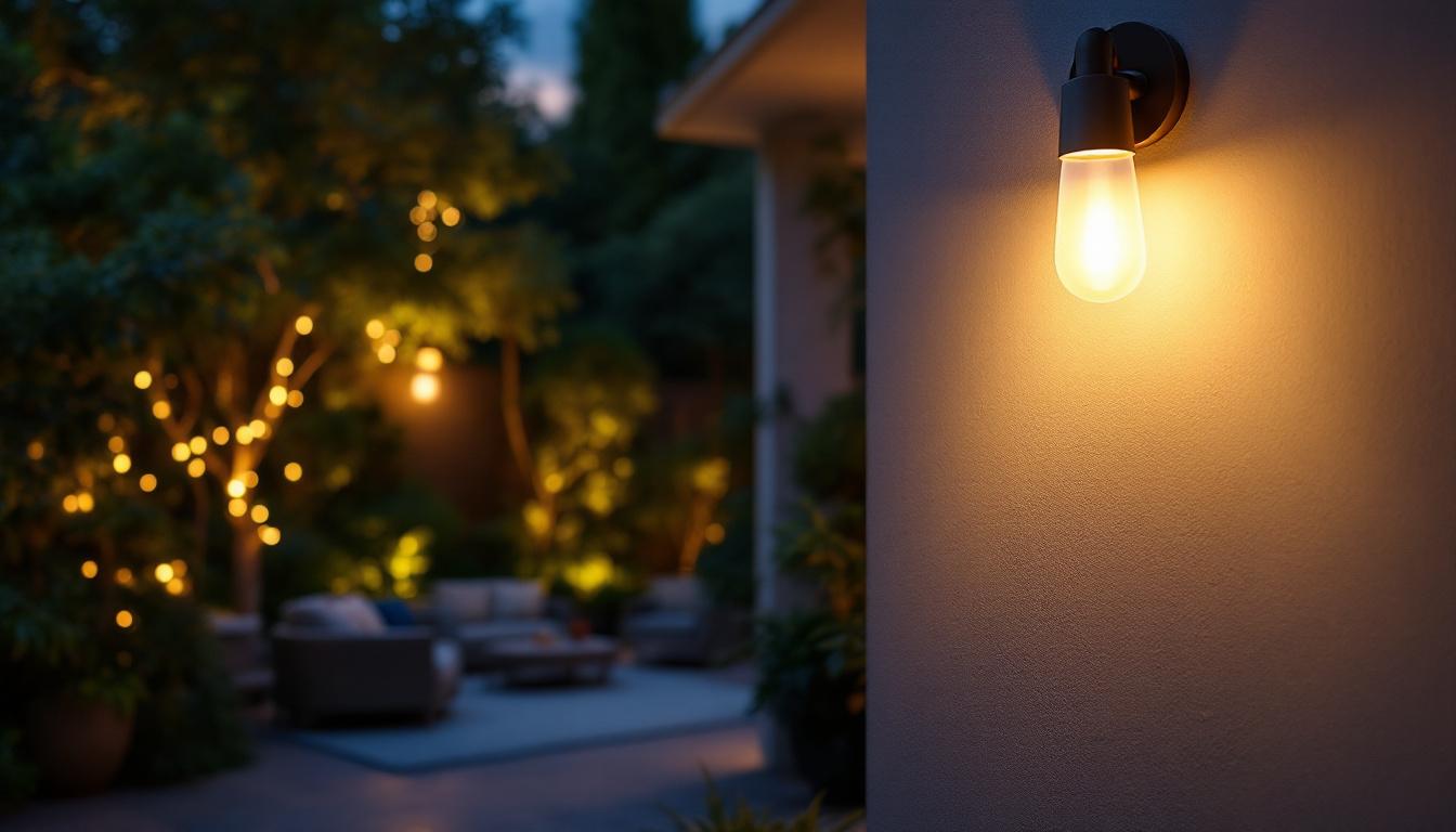 A photograph of a beautifully illuminated outdoor space featuring stylish wall-mounted lights
