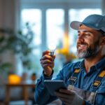 A photograph of a lighting contractor installing or examining an e12 type b light bulb in a stylish residential setting