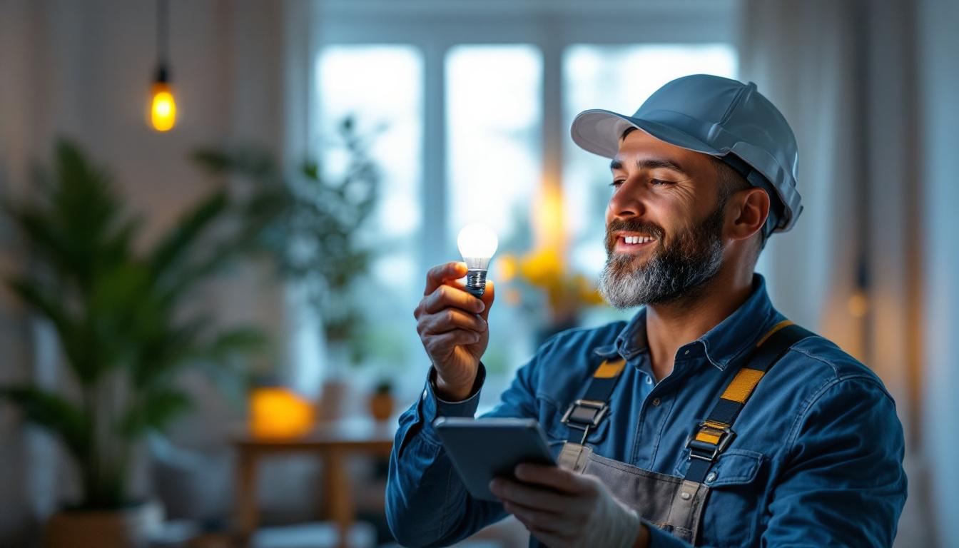 A photograph of a lighting contractor installing or examining an e12 type b light bulb in a stylish residential setting