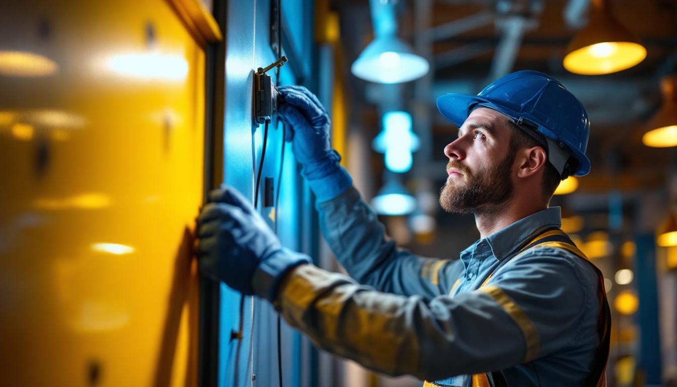A photograph of a lighting contractor in action