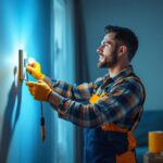 A photograph of a skilled lighting contractor demonstrating the installation of a basic light switch in a well-lit room