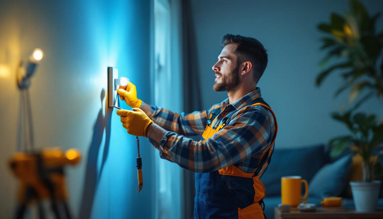 A photograph of a skilled lighting contractor demonstrating the installation of a basic light switch in a well-lit room