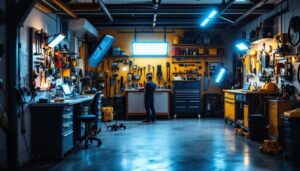 A photograph of a well-lit garage workspace featuring a variety of led work lights in use