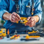 A photograph of a lighting contractor in action