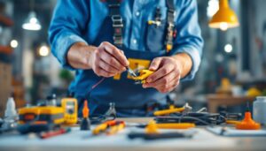 A photograph of a lighting contractor in action