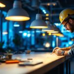 A photograph of a lighting contractor expertly installing led bases in a modern workspace