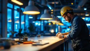A photograph of a lighting contractor expertly installing led bases in a modern workspace
