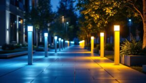 A photograph of a well-lit outdoor setting featuring various styles of bollard lighting installations