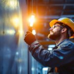A photograph of capture a photograph of a lighting contractor at work