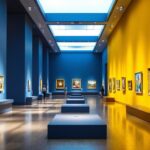 A photograph of a well-lit museum exhibit showcasing the interplay of light and shadow on artworks