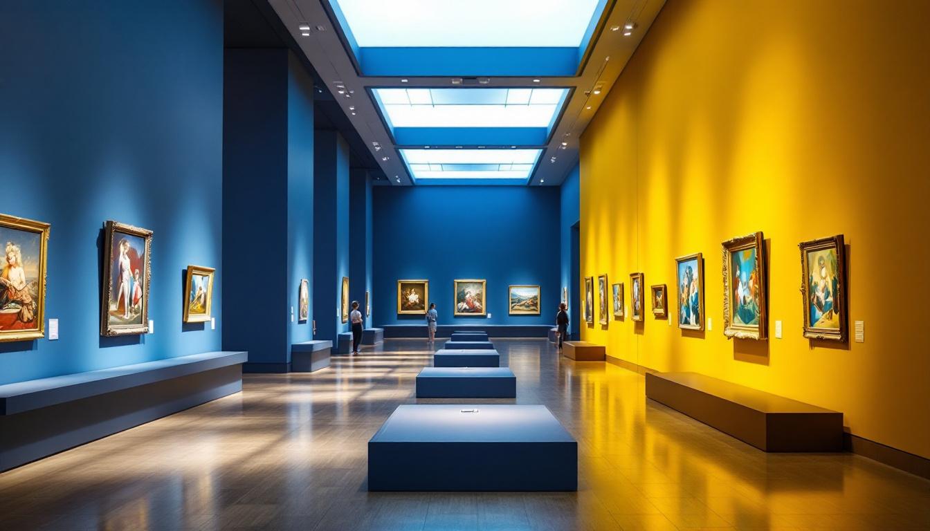 A photograph of a well-lit museum exhibit showcasing the interplay of light and shadow on artworks