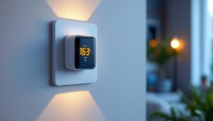 A photograph of a modern indoor light switch timer installed on a stylish wall