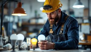 A photograph of a lighting contractor examining various types of light bulbs