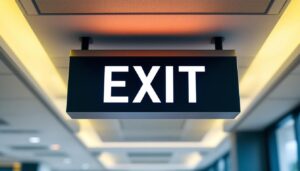 A photograph of a modern ceiling-mounted exit sign in a commercial space
