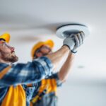 A photograph of a lighting contractor installing an ic recessed light fixture in a modern ceiling