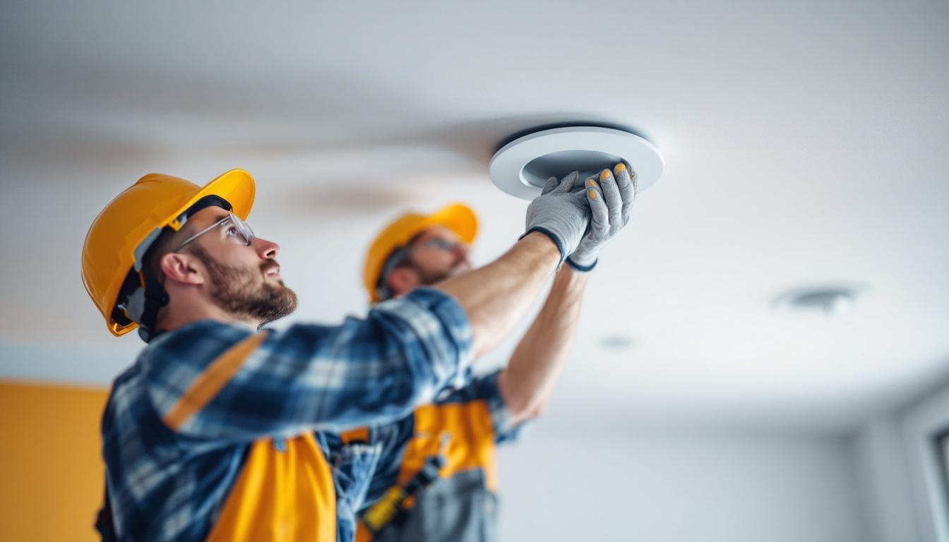 A photograph of a lighting contractor installing an ic recessed light fixture in a modern ceiling