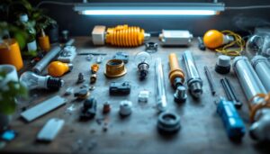 A photograph of a well-organized workspace showcasing various parts of a fluorescent light fixture