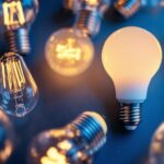 A photograph of a close-up of various types of light bulbs