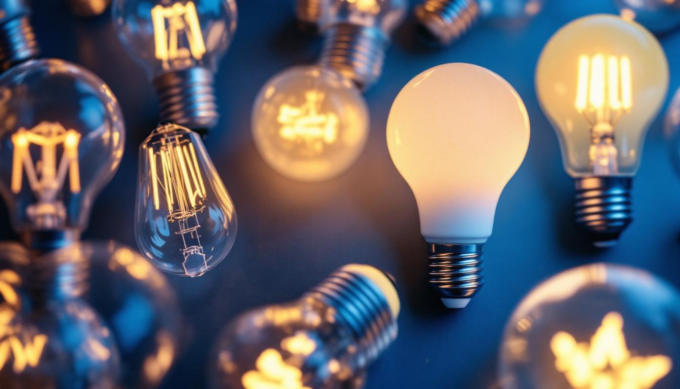 A photograph of a close-up of various types of light bulbs