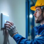 A photograph of a lighting contractor in a well-lit space