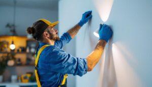 A photograph of a skilled lighting contractor installing a wall light fixture in a stylish interior setting