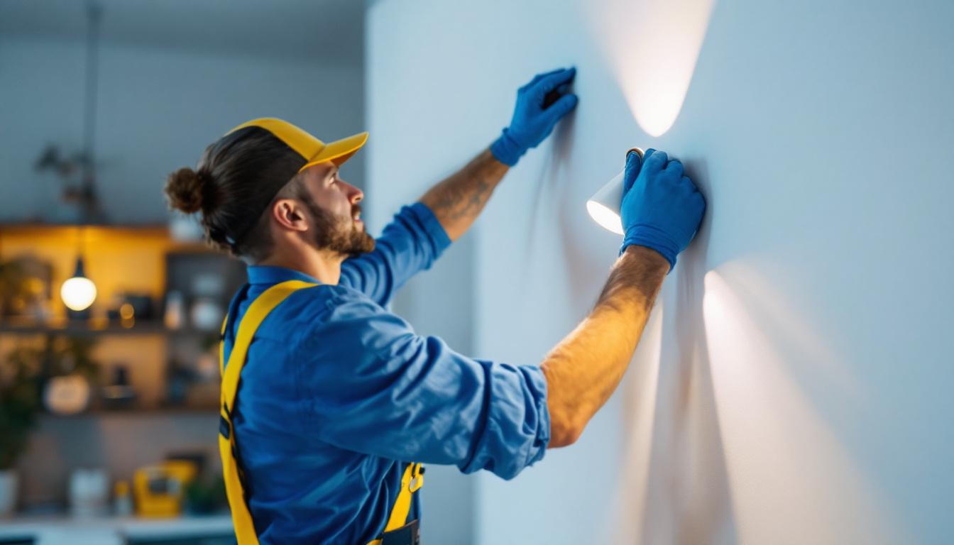 A photograph of a skilled lighting contractor installing a wall light fixture in a stylish interior setting