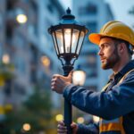 A photograph of a skilled lighting contractor carefully installing a stylish replacement lamp post top in an urban setting