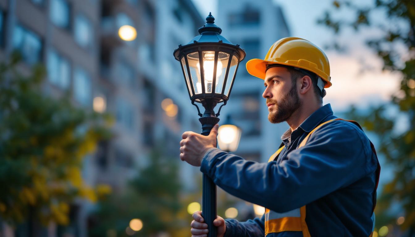 A photograph of a skilled lighting contractor carefully installing a stylish replacement lamp post top in an urban setting