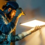 A photograph of a lighting contractor installing or showcasing a sleek led rectangular light in a modern setting