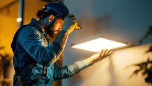 A photograph of a lighting contractor installing or showcasing a sleek led rectangular light in a modern setting