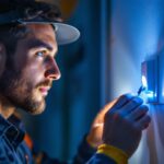 A photograph of a lighting contractor installing a motion detector switch in a residential setting