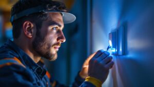 A photograph of a lighting contractor installing a motion detector switch in a residential setting