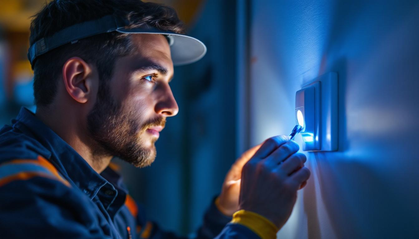 A photograph of a lighting contractor installing a motion detector switch in a residential setting
