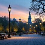 A photograph of a well-lit park scene featuring various styles of park lamps