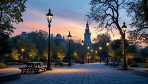 A photograph of a well-lit park scene featuring various styles of park lamps