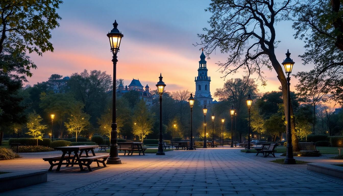 A photograph of a well-lit park scene featuring various styles of park lamps