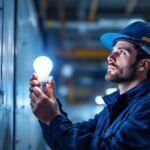 A photograph of a lighting contractor installing or inspecting a 400w led bulb in a commercial or industrial setting