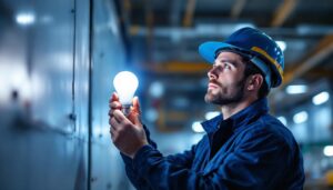 A photograph of a lighting contractor installing or inspecting a 400w led bulb in a commercial or industrial setting