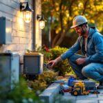 A photograph of a lighting contractor installing outdoor weatherproof boxes in a residential setting