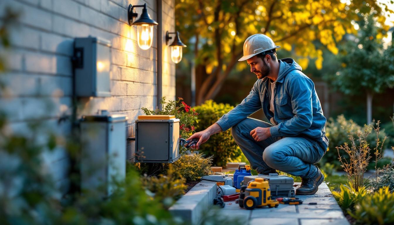 A photograph of a lighting contractor installing outdoor weatherproof boxes in a residential setting