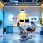 A photograph of a modern dental office showcasing various types of lighting fixtures