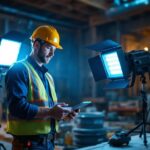 A photograph of a lighting contractor inspecting a modern battery-powered lighting setup in a construction site or outdoor setting