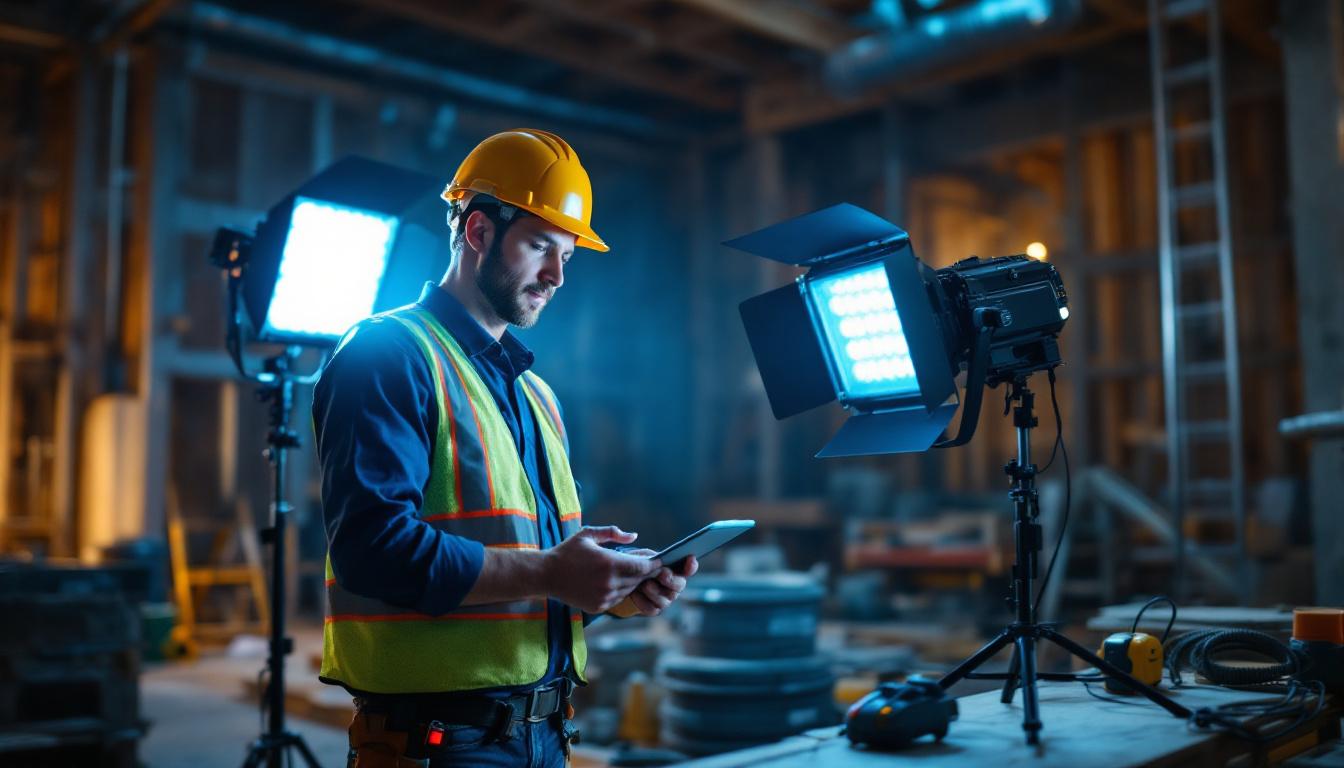 A photograph of a lighting contractor inspecting a modern battery-powered lighting setup in a construction site or outdoor setting