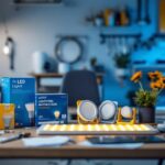 A photograph of a well-organized workspace featuring a variety of led light brands and types