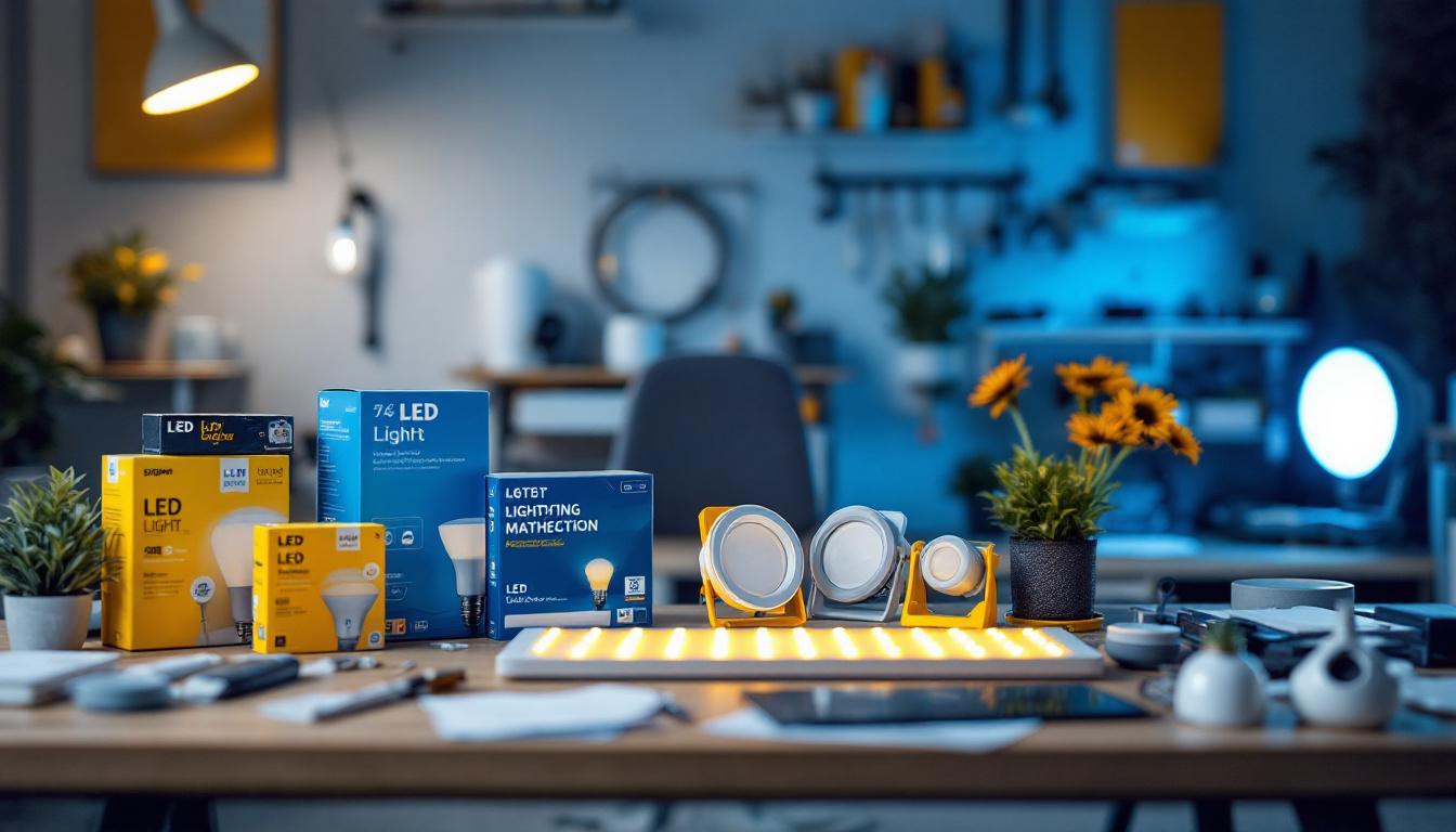 A photograph of a well-organized workspace featuring a variety of led light brands and types