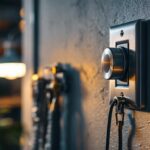 A photograph of a close-up of a stylish metal light switch installed on a modern wall