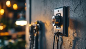 A photograph of a close-up of a stylish metal light switch installed on a modern wall