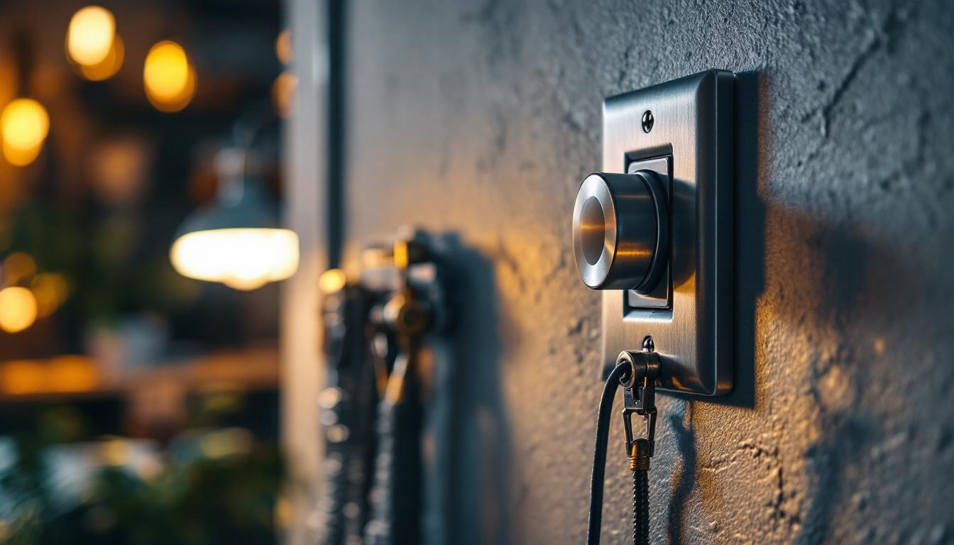 A photograph of a close-up of a stylish metal light switch installed on a modern wall